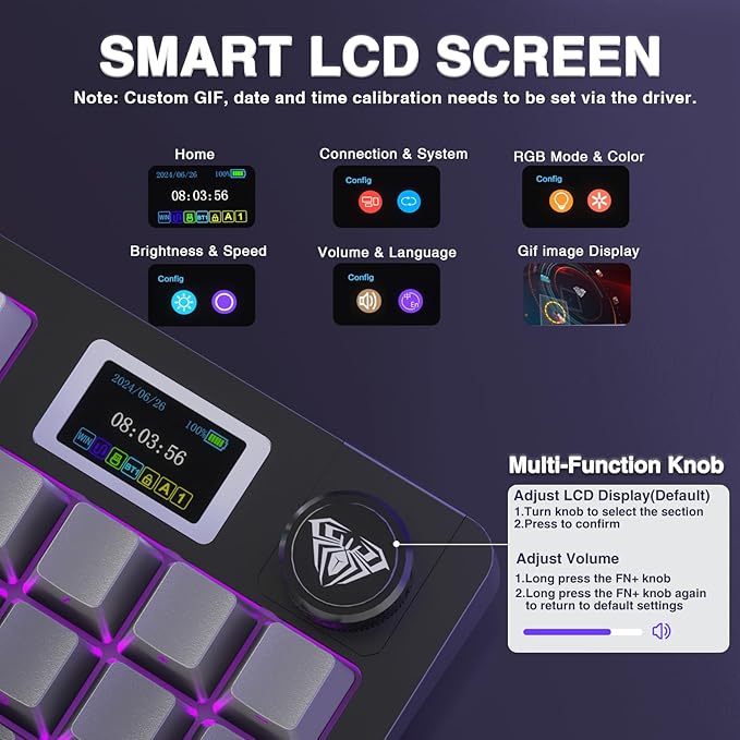 AULA S98 Pro Wireless Mechanical Keyboard with Screen &amp Knob2.4GHz/USB-C/BT5.0 Hot Swappable Creamy KeyboardPre-lubed Linear SwitchesSide Printed PBT KeycapsRGB Backlit Gaming Keyboards