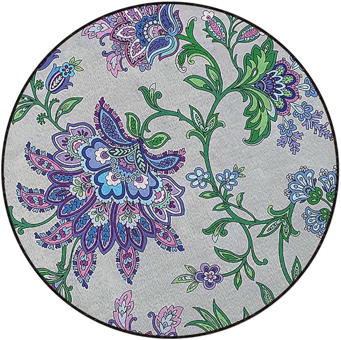Multicolor Rug for Kitchen Bathroom Bedroom Living Room -Round Floor Mat Modern Area Rugs Runner Vintage Style Ornamental Flower Motifs Diameter 47.2 in