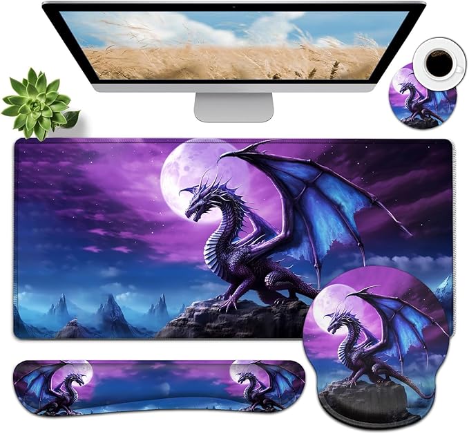Large Mouse Pad Ergonomic Mouse Pad with Wrist Rest and Keyboard Wrist Rest 4 in 1 Set 31.5 x11.8 inch Extended Desk Pad for Home Office Purple Flying Dragon Pattern XXL Gaming Mouse Mat