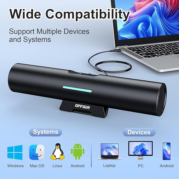 Computer Speakers for Desktop PC Monitor USB or Type C Plug-in Soundbar Clip-On Speaker Wired Laptop Gaming Speakers with Volume Wheel &amp One-Touch Mute Compatible with Mac Windows iPhone iPad