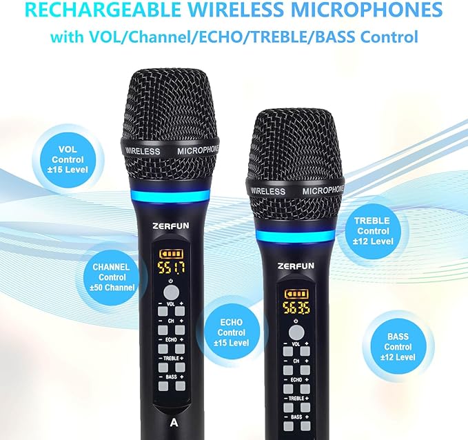 Rechargeable Wireless Microphone System 4 Channel Pro UHF Metal Handheld Wireless Mics Cordless for Church Karaoke Singing with Echo Treble BASS VOL Channel Control(GT-200)