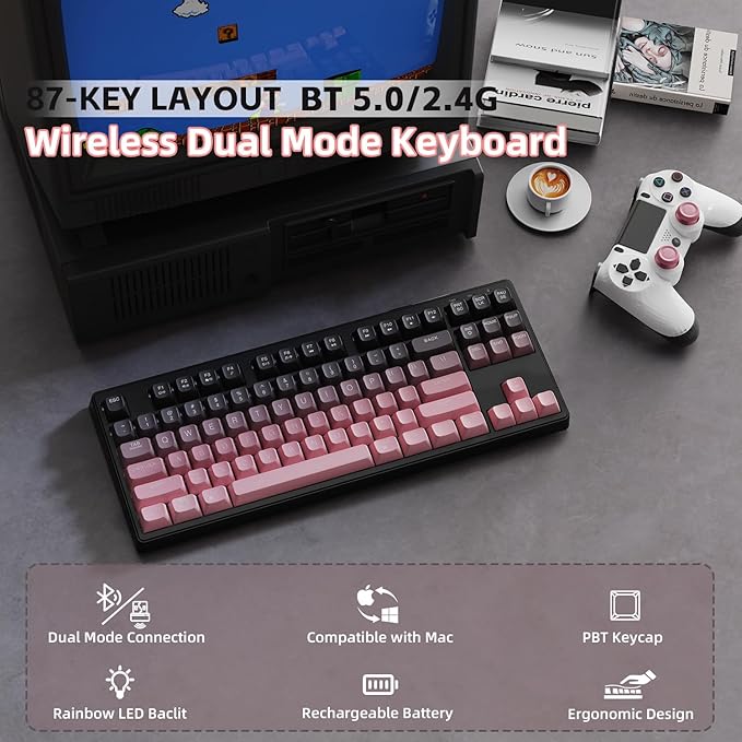 ZIYOU LANG M87 75% Wireless Gaming Keyboard Mechanical Feel Silent Rainbow Backlit Bluetooth/2.4Ghz PBT Gradient Keycaps Rechargeable 4000mAH Battery Ergonomic for MAC/Win/PC-Pink