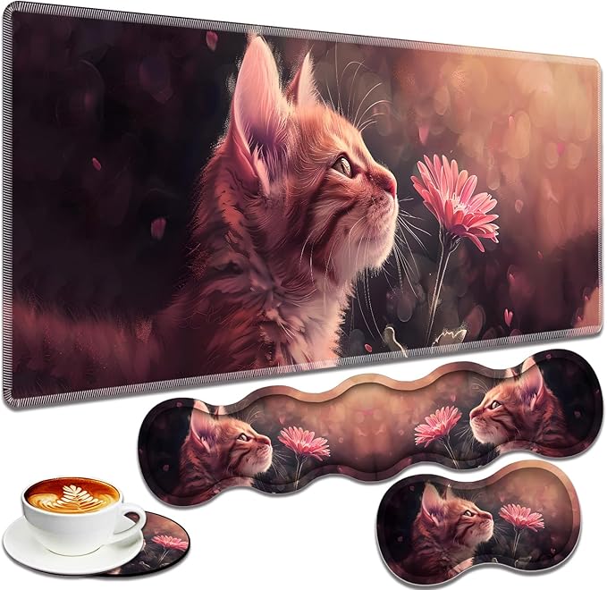 Large Gaming Mouse Pad + Keyboard Wrist Rest + Wrist Support + Coaster Set Memory Foam Ergonomic for Easy Typing XXL Extended Gaming Mouse Pad Table Pad - Kitten Daisy