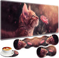 Large Gaming Mouse Pad + Keyboard Wrist Rest + Wrist Support + Coaster Set Memory Foam Ergonomic for Easy Typing XXL Extended Gaming Mouse Pad Table Pad - Kitten Daisy