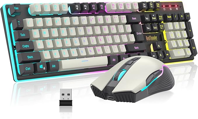 RedThunder K10 Wireless Gaming Keyboard and Mouse Combo LED Backlit Rechargeable 3800mAh Battery Mechanical Feel Anti-ghosting Keyboard + 7D 3200DPI Mice for PC Gamer (White-Gray)
