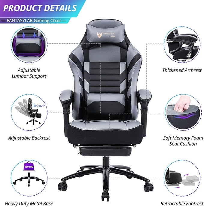 Swivel Gaming Chair Computer Chair with Footrest and Lumbar Support Ergonomic Comfortable Office Chair for Adults Height Adjustable Reclining Chairs for Office Gaming Lounge (Grey)