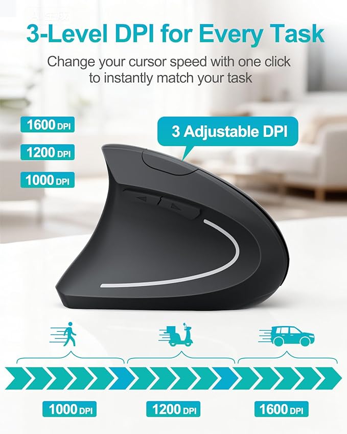 Lekvey Left Handed Ergonomic Mouse Vertical Wireless Mouse for Left Hand 2.4G USB Carpal Tunnel Lefty Mouse 3 Adjustable DPI 6 Buttons for Laptop PC Computer Mac Windows Desktop - Black