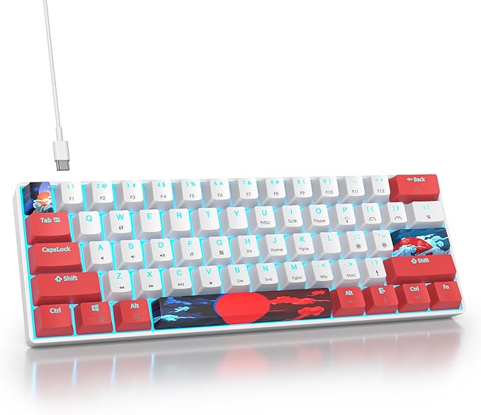 surmen 60% Wired Mechanical Gaming Keyboard 61 Keys Backlit Ultra-Compact Mini Office Keyboard 60 Percemt with Linear Red Switch for PC/Mac Gamer Typist (61 Red White)
