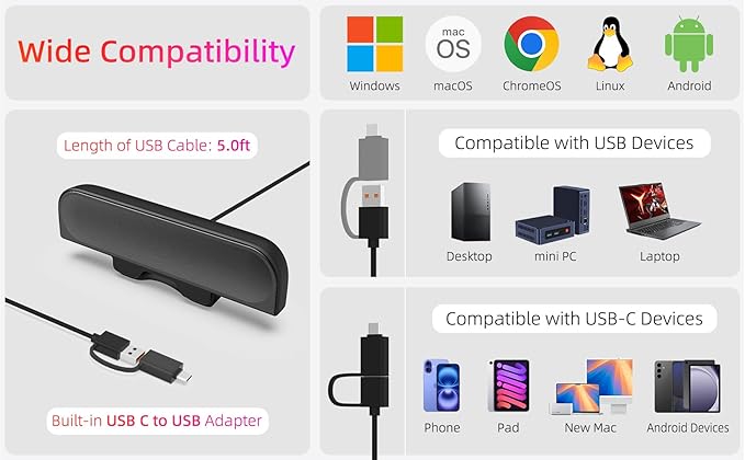 Computer Speakers for Desktop PC Monitor Speakers USB Plug-in Wired External Speaker for Laptop Small Computer Soundbar for PC with Loud Sound Deep Bass USB-C Adapter Easily Clamp to Monitor