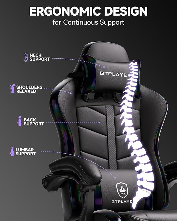GTPLAYER Gaming Chair for Adults Ergonomic Computer Gaming Chair with Footrest Height Adjustable 90-155° Recline &amp Removable Headrest Lumbar Support Colorful Black