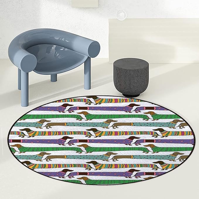 Multicolor Office Chair Mat for Hardwood Floors Desk Carpet Cartoon Style Dachshunds Polka Dots and Hearts Anti-Slip Multi-Purpose Low Pile Computer Chair Mat Dog Lover Diameter 36 in