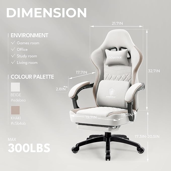 Dowinx Gaming Chair Breathable Fabric Computer Chair with Pocket Spring Cushion Comfortable Office Chair with Gel Pad and Storage BagMassage Game Chair with FootrestBeige