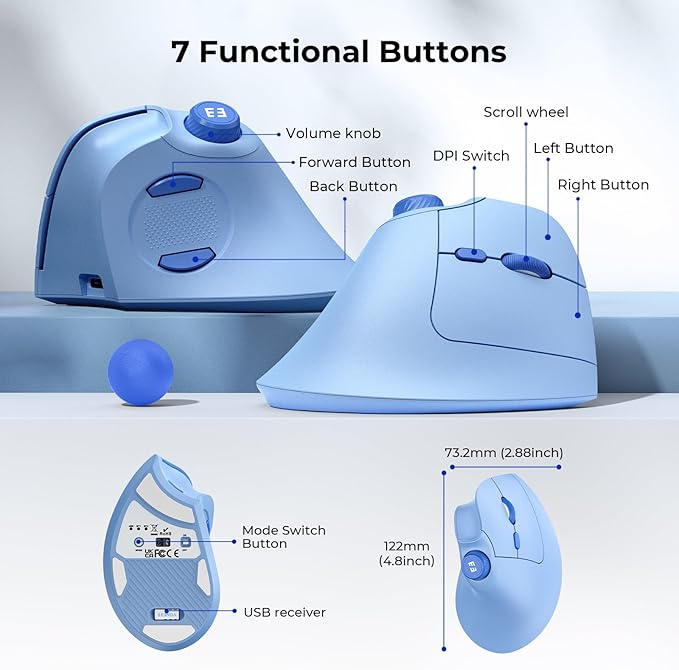seenda Ergonomic Mouse Wireless MOU-302 Bluetooth Vertical Mouse Rechargeable Optical Mice with 1000/1600/2400 DPI Volume Knob 3 Multi-Device Connectivity for Computer/PC/Laptop/Mac Blue