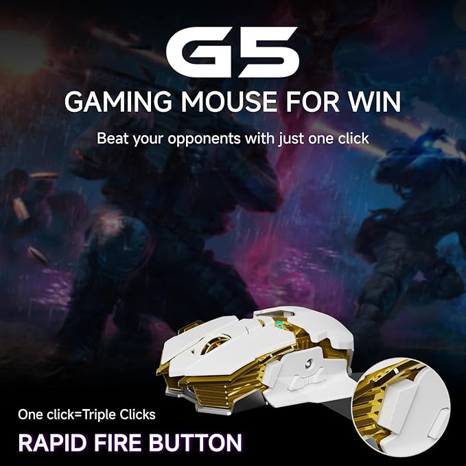 EWEADN G5 Wireless Gaming mouse 12800 Adjustable DPI Ergonomic Mouse with 6 RGB Backlit Modes Rapid Fire Key 9 Programmable Macro Buttons Rechargeable Bluetooth Mouse for PC/Mac/Laptop - White