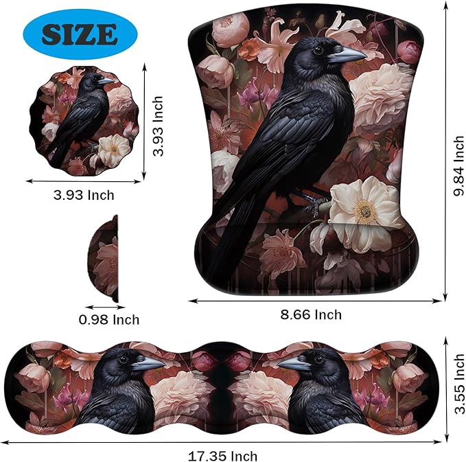Ergonomic Keyboard Wrist Support Pad and Wrist Support Mouse Pad Anti-Slip with Gel Memory Mouse Pad Set Suitable for Office Use/Home Use - Magpie Peony Bird Flowers
