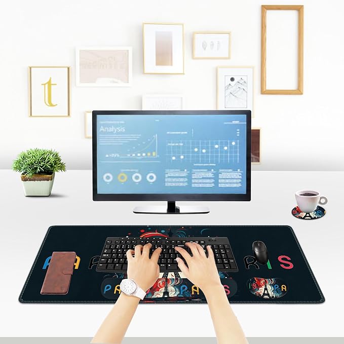 ToLuLu Extended Gaming Mouse Pad Memory Foam Ergonomic Keyboard Mouse Wrist Rest Support Set Large Desk Mat with Stitched Edges Non-Slip Base Mousepad for Home Office and Game Eiffel Tower Paris