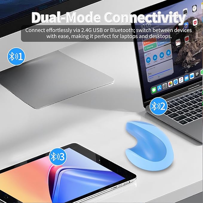 Mini Ergonomic Mouse for Small HandsDual-Mode Wireless Bluetooth Vertical Mouse - Rechargeable Silent Multi-Device Connection Ideal for Laptops and Desktops (Blue)