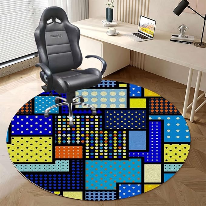 Blue and Green PU Leather Office Gaming Rolling Floor Mat Oriental Moroccan Motifs Computer Gaming Rolling Chair Mat for Home Office Hardwood Floor Moroccan Diameter 59 in