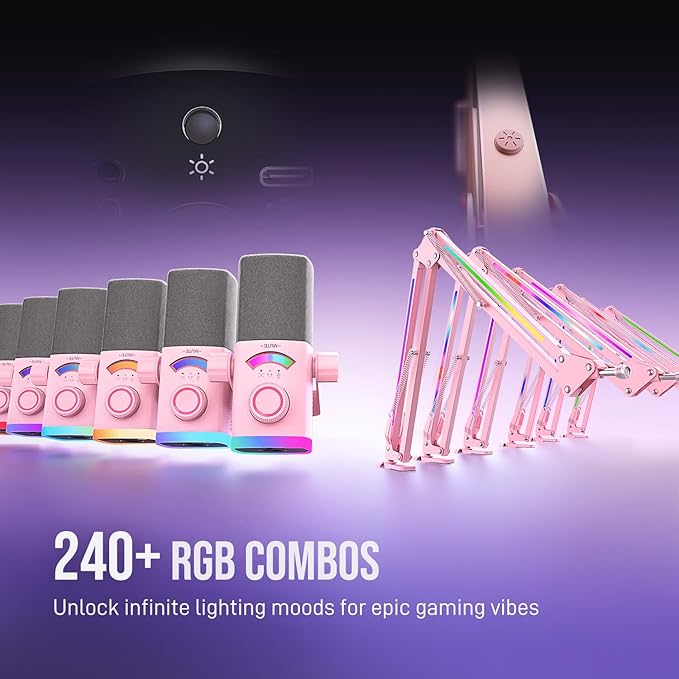 FIFINE XLR/USB Gaming Microphone Kit with Boom Arm Stand RGB Streaming Mic for Computer Compatible with PC/PS4/PS5 Podcast Mic Set with Headphone Jack Volume Knob Mute-AmpliGame AM8PROT Pink