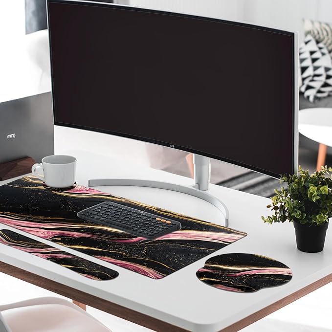 Britimes Pink Black Gold Marble Keyboard Mouse Pad Set 4in1 Large Mousepad+Keyboard Wrist Rest+Mouse Wrist Rest+Coaster Ergonomic Design for Home Office Computer 35.4x15.7 inches