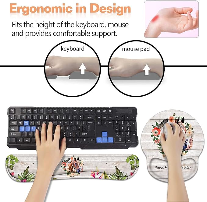 Keyboard Wrist Rest + Mouse Pad Wrist Support Set with Coasters Non-Slip PU Base Ergonomic Mousepad for Home Office Working Studying Easy Typing &amp Pain Relief Horse Theme Horses Make Life Bette