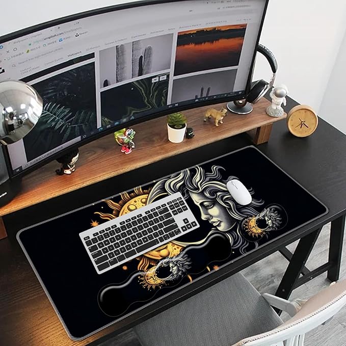 Keyboard Mouse Pad SetLarge Mouse Pad+Keyboard Wrist Rest+Wrist Support+Coaster31.5x11.8in Extended Desk Mat for Computer Laptop Office Home-Sun Moon