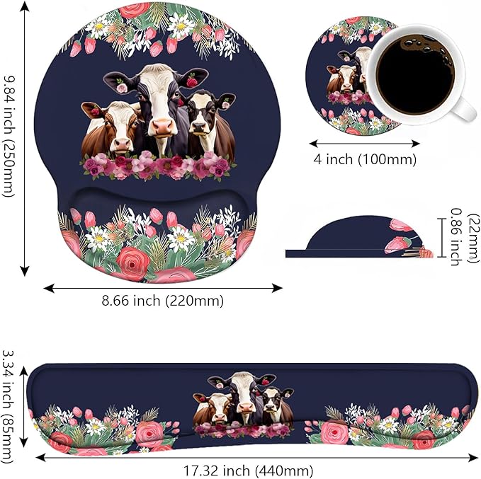 Keyboard Wrist Rest and Mouse Pad Wrist Support Set Non-Slip PU Base Ergonomic Gaming Mousepad for Home Office Working Studying Easy Typing &amp Pain Relief - Floral Quote Funny Cows Combination