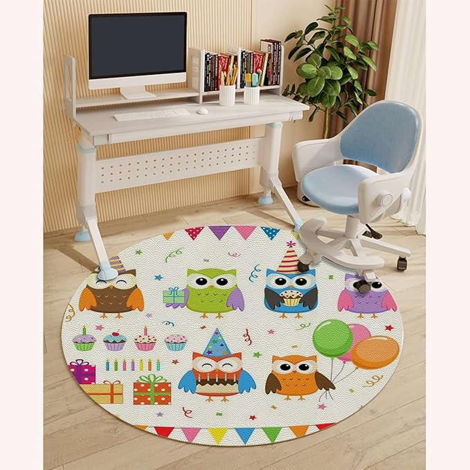 Pink Blue PU Leather Chair Mat for Hardwood &amp Tile Floor Cartoon Birthday Party Owl Desk Chair Mat Large Anti-Slip Floor Protector for Home Office Birthday Party Diameter 47.2 in