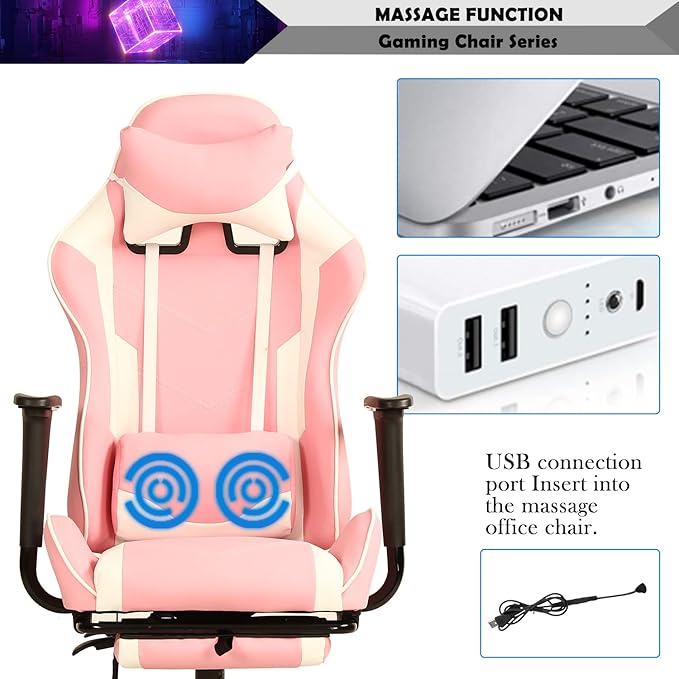Gaming Chair Racing Style Office Computer Game Chair Ergonomic Desk Chair with Headrest Lumbar SupportHigh Back Gamer Office Chair Massage Recliner Video Game Chairs for Kids or AdultsPink