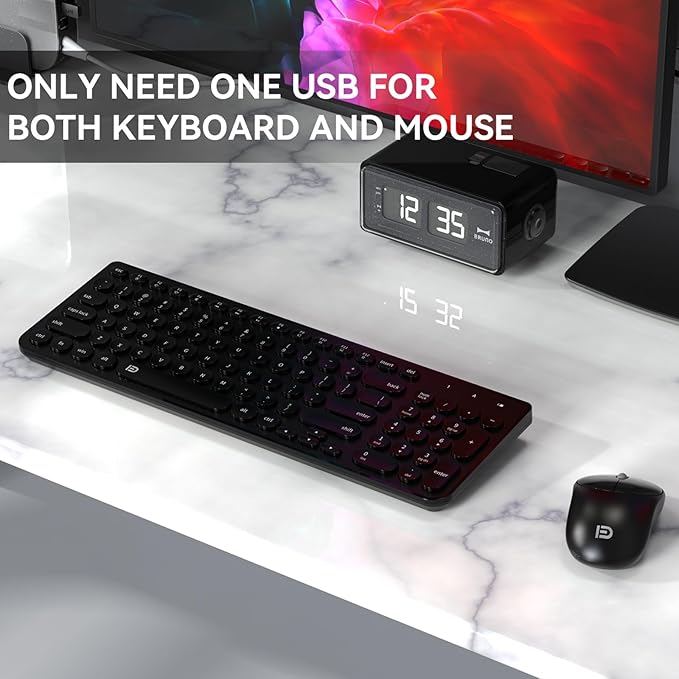 Wireless Keyboard and Mouse Combo FD iK6630 2.4GHz Cordless Cute Round Key Set Smart Power-Saving Quiet Slim Combo for Laptop ComputerTV and Mac