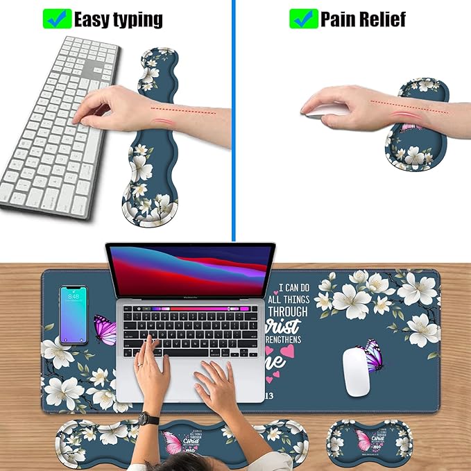 Ergonomic Keyboard Wrist Rest &amp Mouse Pad Wrist Rest Set Large XXL Gaming Desk Mat 31.5x 11.8 with Non-Slip Base for Home Office Study Gaming Floral Butterfly Quote Bible Verse Philippians 4:1