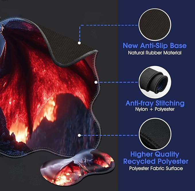 Large Mouse Pad and Keyboard Wrist Rest Desk Pad for Keyboard and Mouse 4-in-1 Large Gaming Mouse Pad with Wrist Support Desk Mat for Home Office Study Game-Dragon in Flames