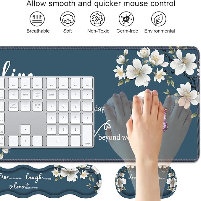 4 in 1 Ergonomic Keyboard Wrist Rest &amp Mouse Pad Wrist Rest Set Large XXL Gaming Desk Mat 31.5x 11.8 with Non-Slip Base Memory Foam for Home Office Study Gaming Floral Quote Live Laugh Love