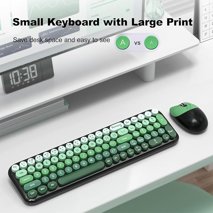 Wireless Keyboard and Mouse Combo MOWUX Compact Typewriter Retro Round Computer Keyboard Cute Optical Mouse Wireless Plug and Play for Laptop PC Computer- Black Green Gradient