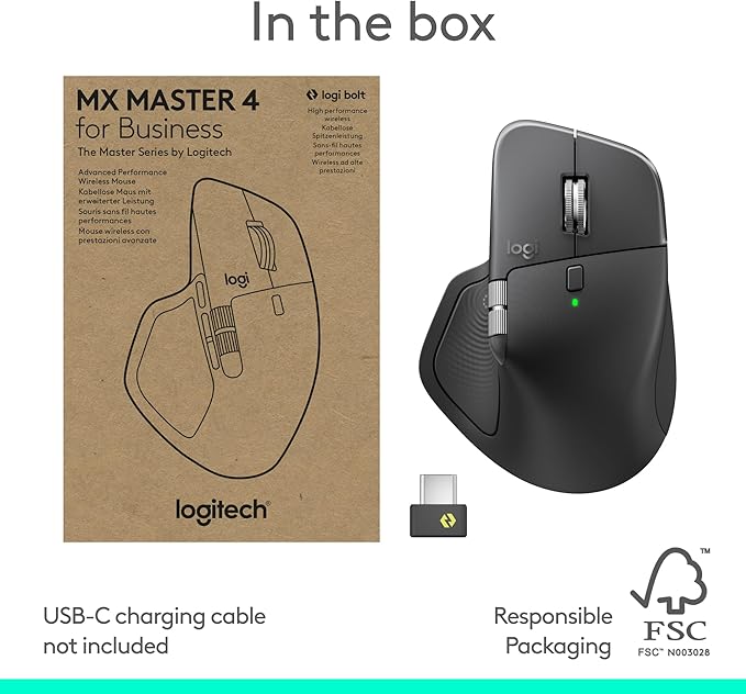 Logitech MX Master 4 for Business Wireless Mouse with Quiet Clicks 8K DPI MagSpeed Scrolling Logi Bolt Receiver Bluetooth Actions Ring Haptics USB-C Charging – Graphite