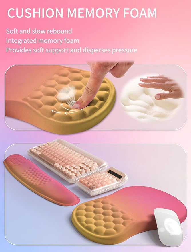 Hokafenle 2in1 Combination Wave Keyboard Wrist Rest and Ergonomic Curvature Mouse Pad Wrist Support for Relieve Wrist Pain Filled with Soft Cushion Memory Foam Sunset Glow
