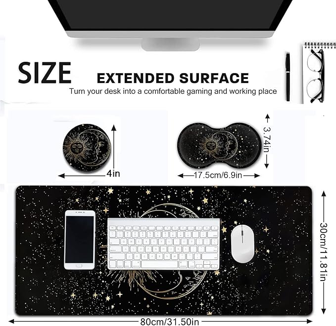 Large Mouse Pad Extended Office Desk Pad 31.5x11.8in Ergonomic Memory Foam Mouse Wrist Rest Support for Home Office Computer Writing Pad Cute Funy Sun Moon Star Pattern XXL Black Gaming Mouse Mat