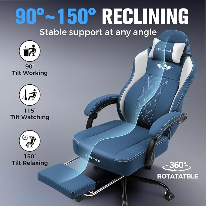 GTPLAYER Big and Tall Gaming Chair Breathable Fabric Computer Chair with Strong Lumbar Support Comfortable Office Chairs with Pocket Spring Cushion High Back Ergonomic Desk Chairs with Footrest