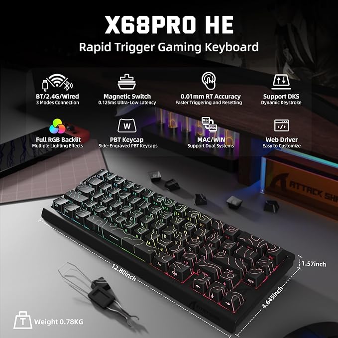 ATTACK SHARK X11 &amp X68 PRO HE Wireless Gaming ComboRapid Trigger Hall Effect Magnetic Switch 8K KeyboardUltra-Light 22K DPI PAW3311 Optical Sensor MouseRGB Backlit Tri-Mode with Coiled Cable-Bl
