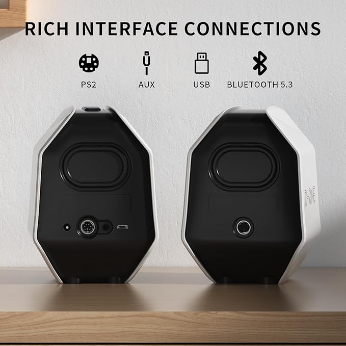 Computer Speakers for Desktop PC Gaming PC Speakers for Desktop – USB-C Bluetooth 5.3 3.5mm AUX AC Powered External Audio with Rich Stereo bass Laptop/Mac RGB Lights White 30W