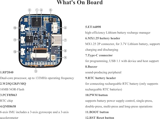 RP2040 Microcontroller Development Board with 1.69inch Touch LCD 240 x 280 262K RGB Rounded Corners Dual-core Arm Processor 16MB Flash Accelerometer and Gyroscope Sensor USB Type-C Port
