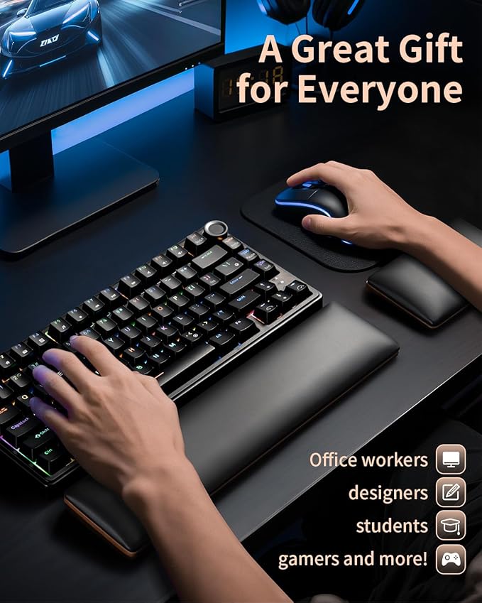 ASFSKY Keyboard and Mouse Wrist Rest Set for 60%-75% Compact Keyboards – Ergonomic Wooden Support Pad with PU Leather &amp Memory Foam Anti-Slip Rubber Base for Gaming Office &amp Typing Pain Reli