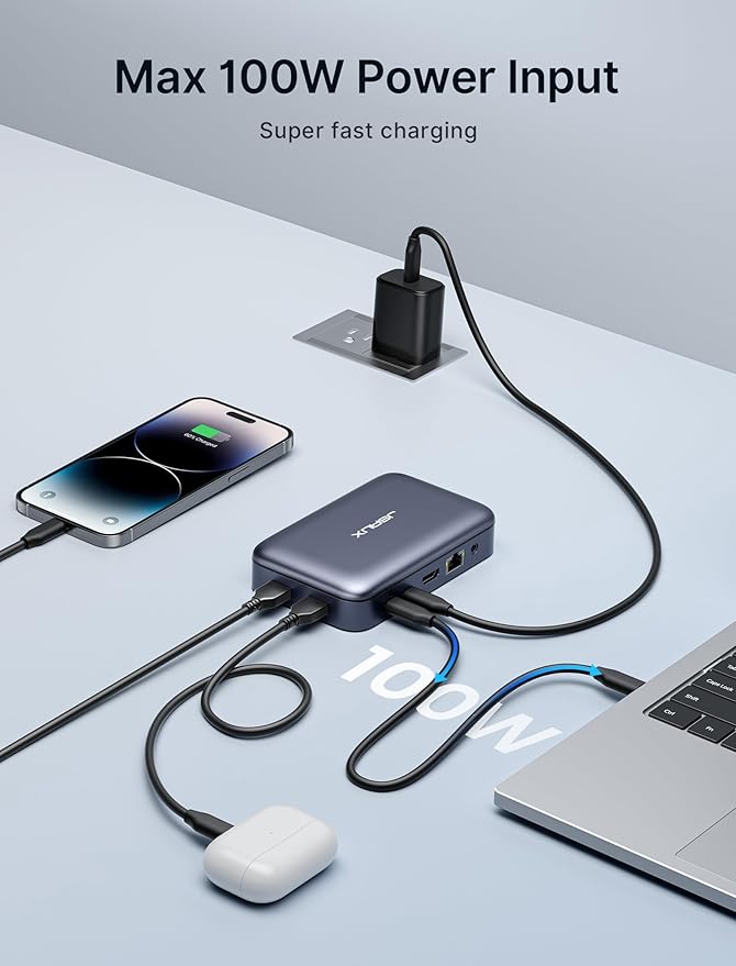 JSAUX Laptop USB C Docking Station 10 in 1 USB C Magnetic Hub with 4K@60hz HDMI 100W PD USB A&ampC 3.0 1000Mbps Ethernet SD/TF for HP/MacBook/Dell/Lenovo etc