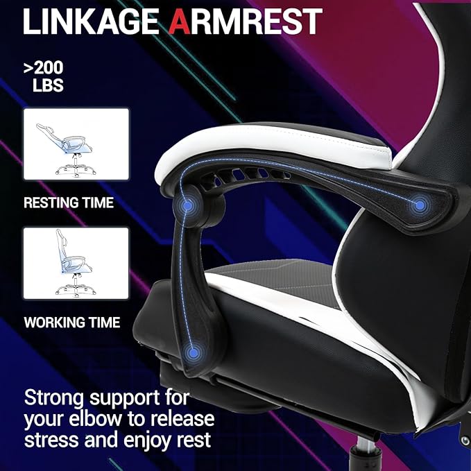 Gaming Chair with Footrest for Adults - PU Leather Video Game Chair w/Massage Lumbar Support for Men Women Ernogomic Computer Gamer Chair for Home Office Height Adjustable White