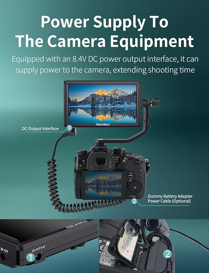 FEELWORLD S55E 5.5 inch DSLR Field Monitor 3D LUT Compact Full HD 1920x1152 IPS Video Assist Peaking Focus with 4K60Hz HDMI 8.4V DC Inputs/Outputs Includes F550 4400mAh BatteryTilt ArmSunshade