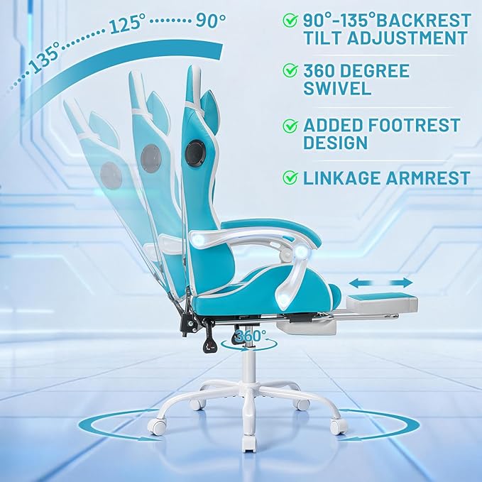HOFFREE Gaming Chair Massage with Bluetooth Speakers and Led Lights Ergonomic Computer Gaming Chair with Footrest Cute Video Game Chair for Gaming Room Light Blue and White