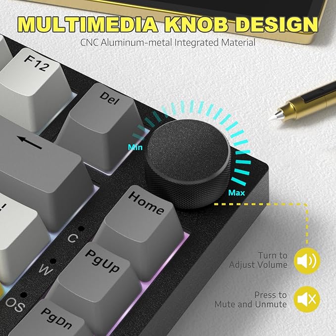 ATTACK SHARK Ajazz Hot Swappable Mechanical Keyboard 75% PercentTLK Custom Wired Keyboard Gaming with Rotary KnobRGB BacklitGasketNKROPBT Keycaps for Win/MacMoon Yellow Linear Switch