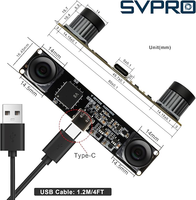 SVPRO 210fps Monochrome Global Shutter USB Camera Module - Dual Lens Synchronization - Black/White - 800P - Lightburn - OmniVision OV9281