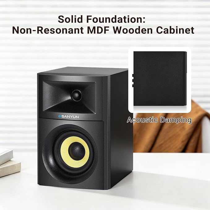 Sanyun SW205 80W Powered Bookshelf Speakers with 3D Soundstage | Precision DSP Spatial Audio &amp Geometric Cabinet | 4 Glass Fiber Woofer Optical/Bluetooth 5.4/AUX Wireless Remote (Pair Black)