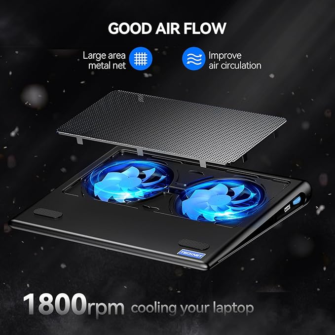 TECKNET Laptop Cooling Pad - 12-15.6 Laptops Cooler Powerful Cooler and Ultra Quiet for Gaming Laptops Pad 2 Wind Speed Adjustable USB A &amp C Powered Cooler Stand with Laptop Fan LED (Blue)